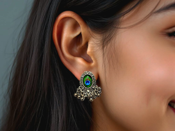 Silver Plated Jhumka Earrings Peacock Feather Design