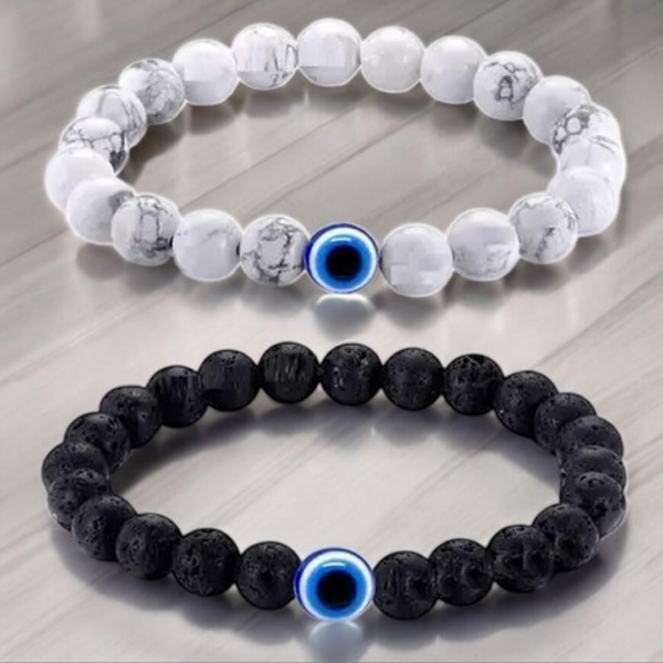 Classic Evil Eye Bracelet Set For Men & Women Black Beads Pack Of 4 White Beads Stretchable