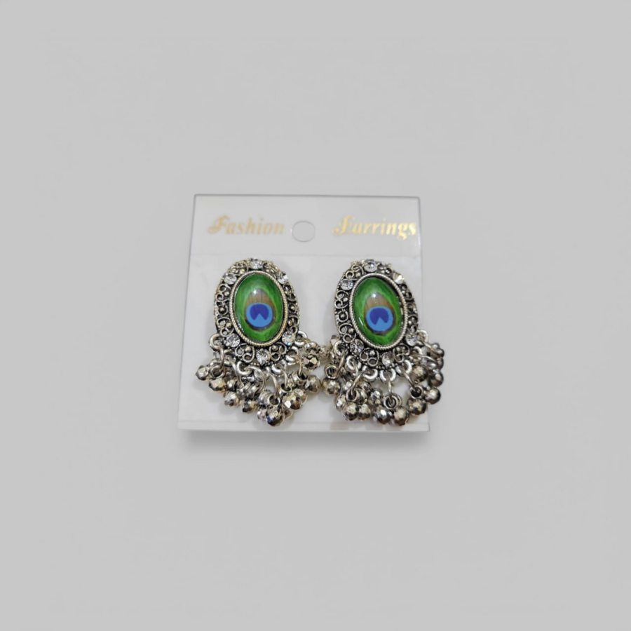 Silver Plated Jhumka Earrings Peacock Feather Design - Image 4